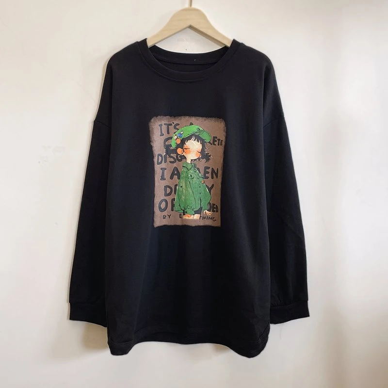 春季新款上衣时尚洋气百搭休闲宽松黑色圆领套头卫衣YX104959