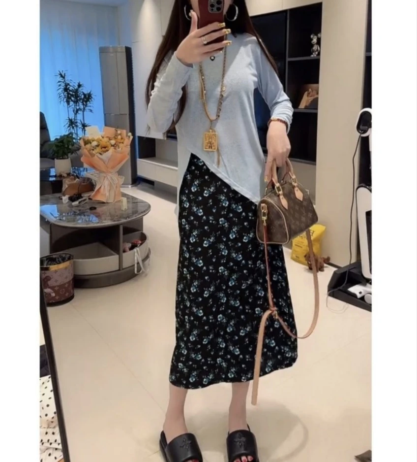 法式风长袖纯色开叉防晒衫搭配半身裙时尚优雅夏季女套装