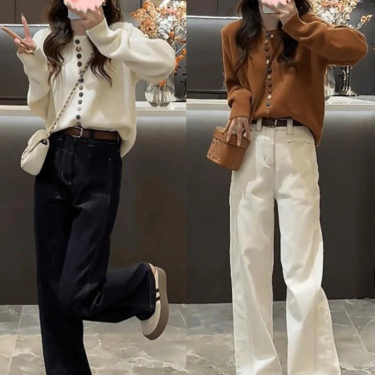 秋冬穿搭高端休闲女装2025秋季新款宽松修身针织上衣高腰阔腿裤两