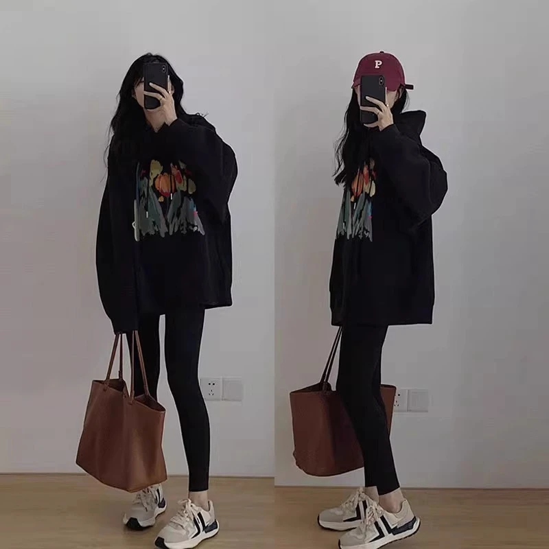 黑色连帽春秋冬中长款遮屁股卫衣女2025新款爆款宽松加绒加厚潮牌