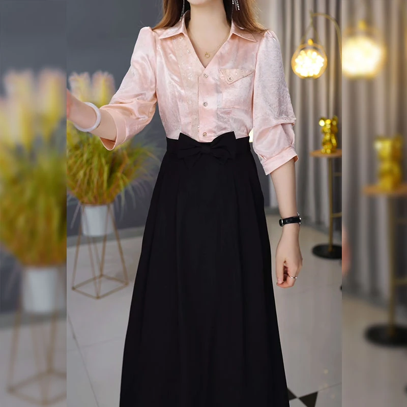 高级冰丝缎假两件优雅气质拼接礼服裙2025夏季新款收腰显瘦连衣裙