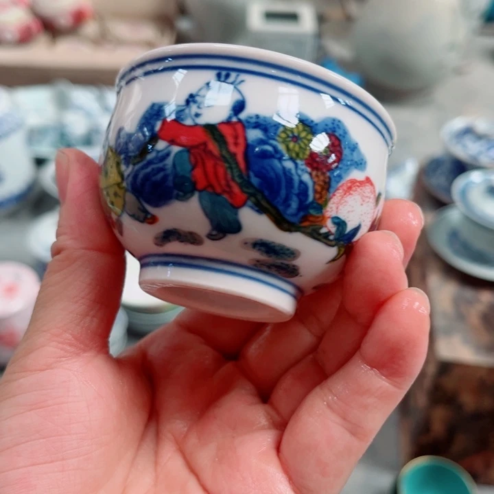 青花玲珑红稀土童子小杯勿*