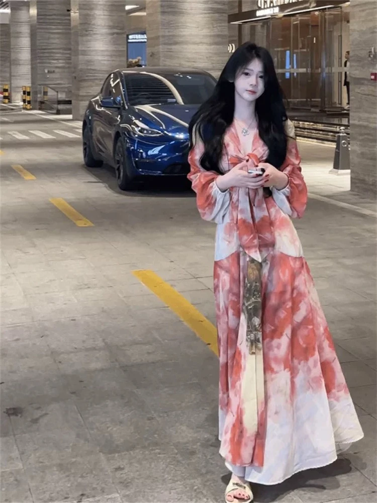 浪漫繁花 v 领绑带春夏新款连衣裙显瘦设计感长裙