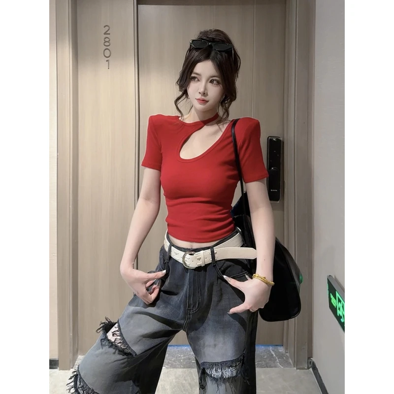 2025新款夏季时尚百搭显瘦设计感漏单肩挂脖短袖上衣女