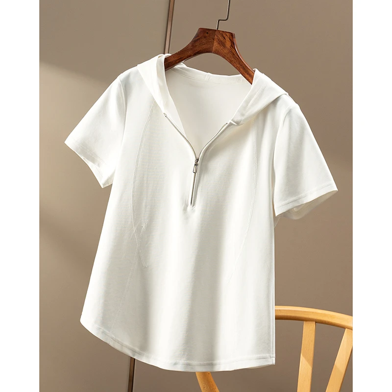 收腰巨显瘦 法G佰搭减龄立裁半开襟连帽短袖T恤春天家女34B4