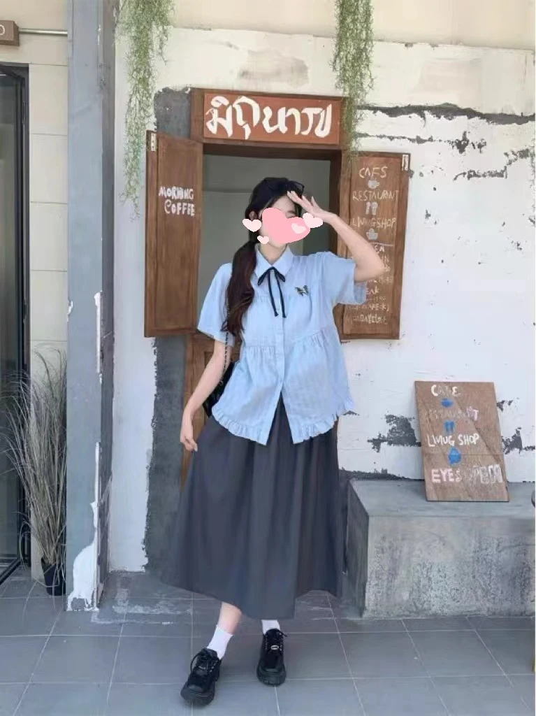 麦麦家大码学院风短袖衬衫女装2025NO退NO换下单备注编码