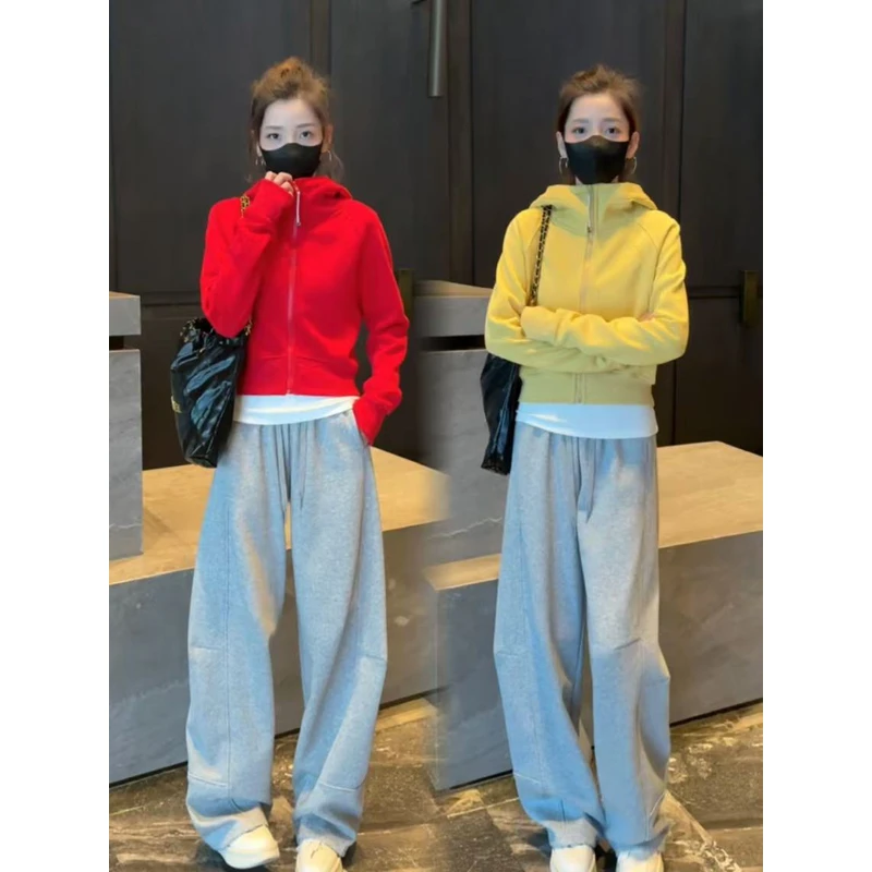 韩系百搭连帽拉链短款卫衣外套+加厚加绒保暖休闲裤套装