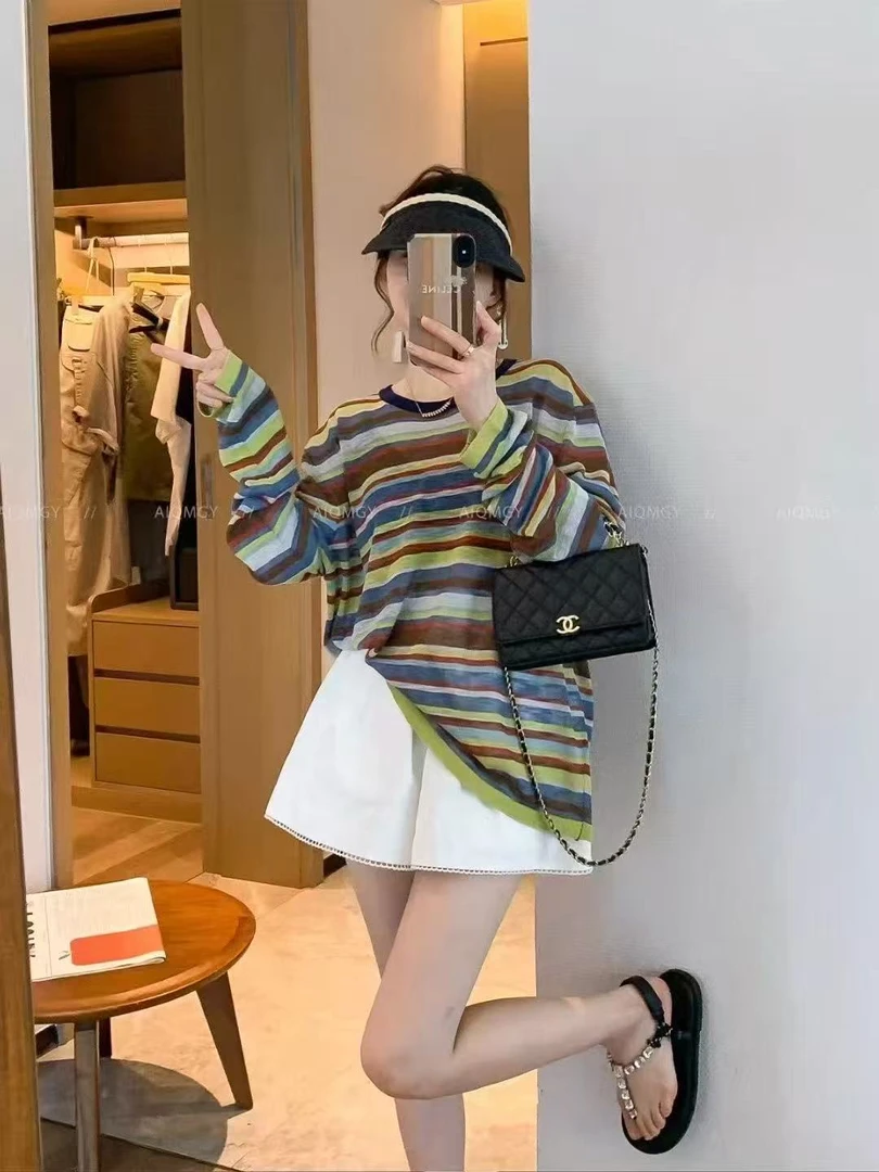 秋季套头款女装圆领针织条纹毛针织衫上衣极简风长袖