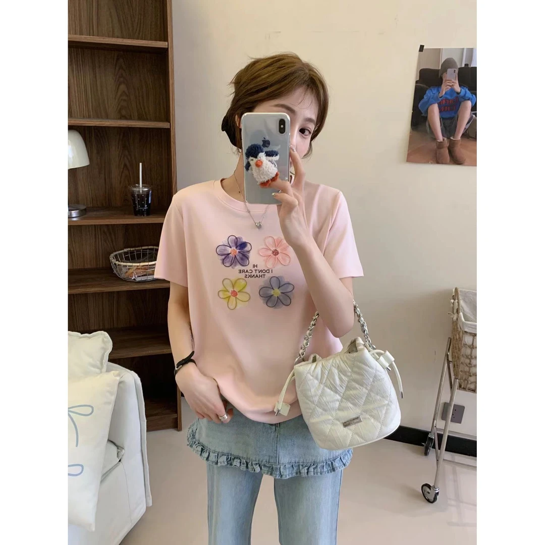 B 门店34&9！小雏菊T恤」舒适棉莱赛尔天丝水溶刺绣短袖上衣女R0366