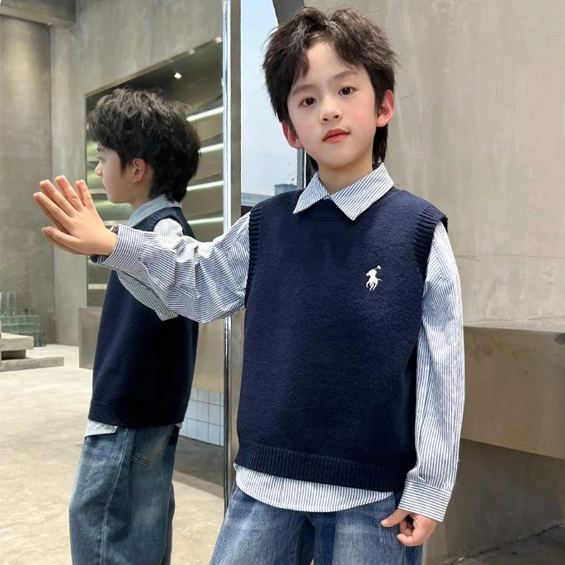 2025韩版儿童秋装时尚简约学院风针织背心纯色无袖马甲儿童毛衣