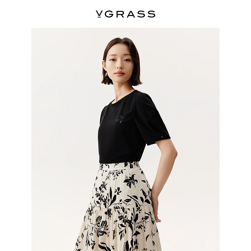 VGRASS时尚花卉立体泡泡袖T恤25年夏季新款微宽松衣服VST1Q2561D