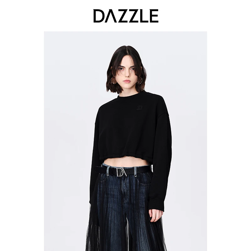 【MD】DAZZLE地素黑色简约短款抽绳设计套头加绒卫衣上衣2E4J1081A