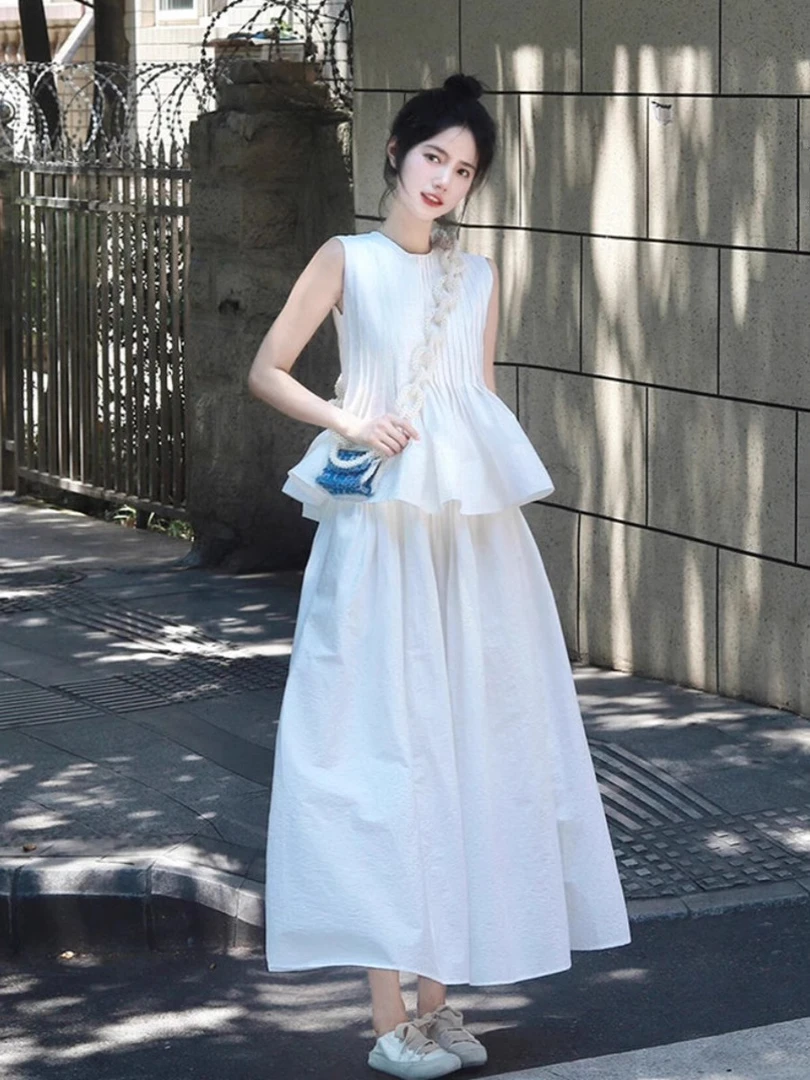 夏装搭配一整套女温柔风设计感圆领无袖打褶上衣+中长款半身裙子