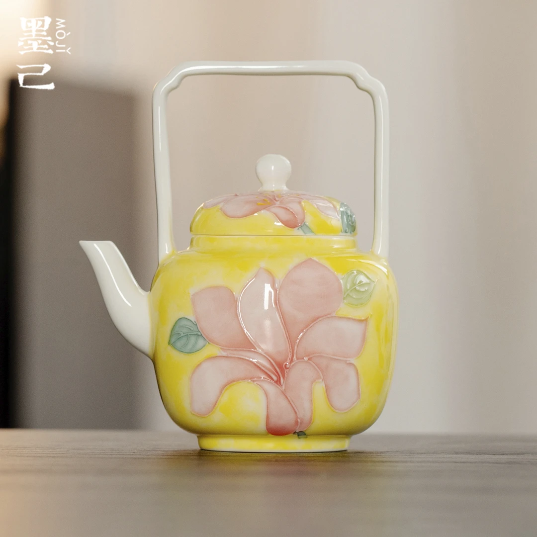 墨己玉泥有田烧手绘百合花家用陶瓷茶壶功夫茶具球孔过滤提梁壶
