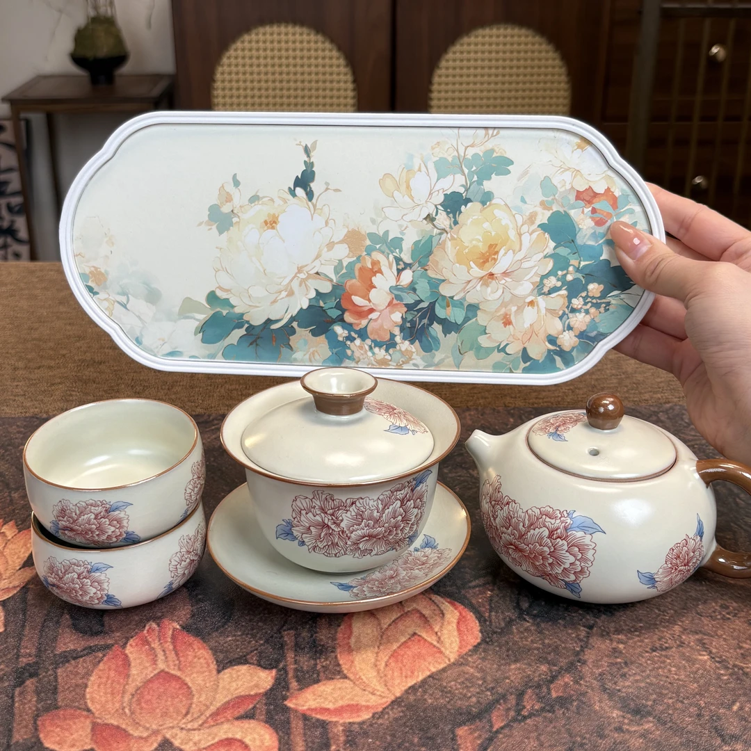 ZH2860-黄汝窑牡丹西施壶+盖碗+2茶杯+干泡盘小套组