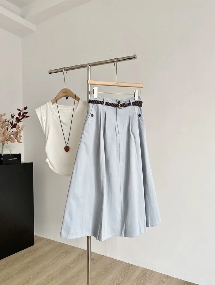 韩版新款显瘦时尚中高腰A字半身裙百搭半裙夏季休闲纯色简约裙子