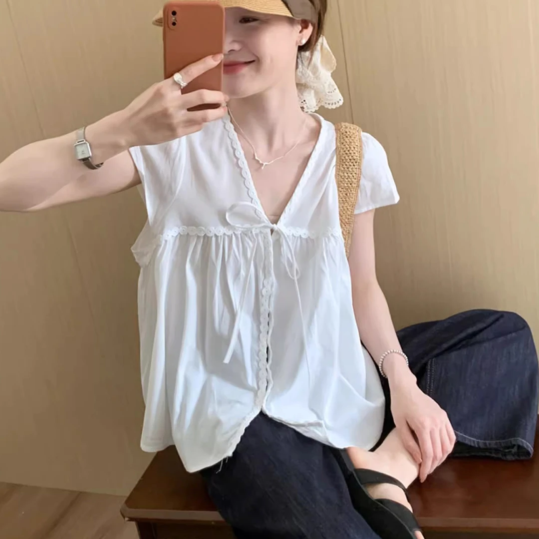 韩系V领系带白色短袖衬衫女夏季宽松显瘦花边拼接小衫上衣衬衣