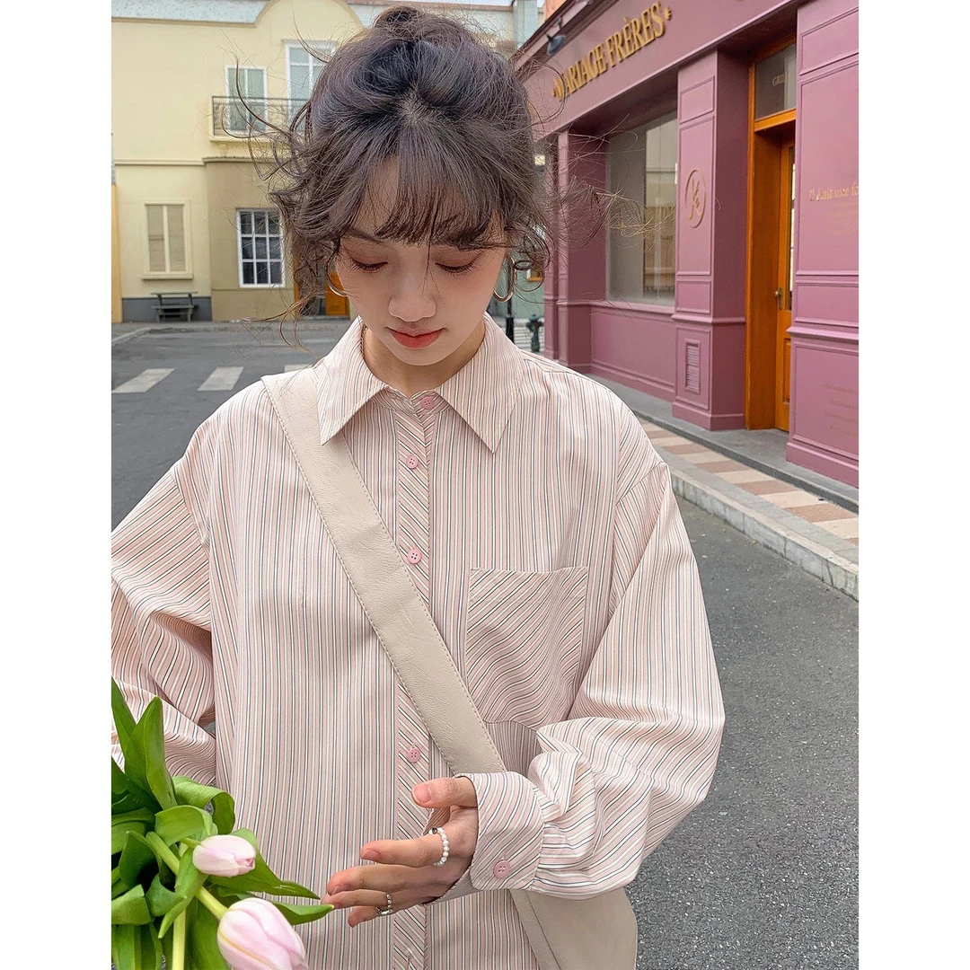 MELLIIY 宽松双开襟粉色条纹长袖衬衫11221090