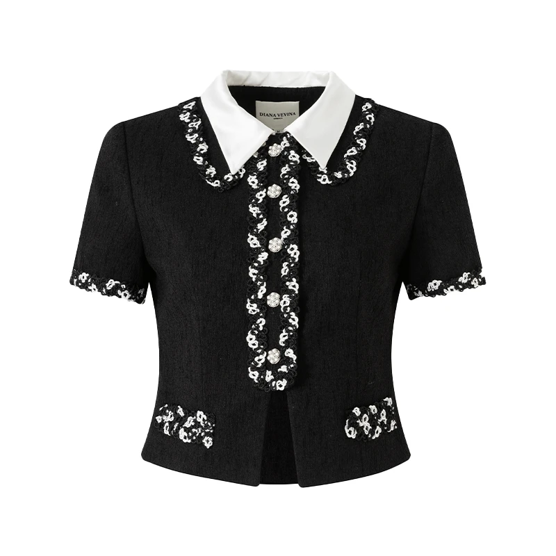 DIANA VEVINA 小香风拼黑白织带短袖上衣
