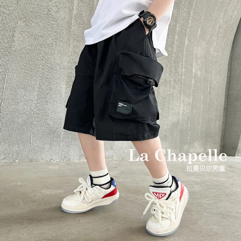 拉夏贝尔贴标口袋短裤夏季新款中大童简约工装裤男童纯色潮范裤子