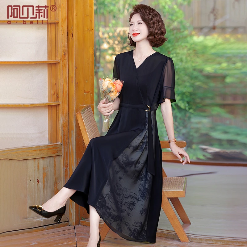 时尚妈妈夏装雪纺连衣裙新款中老年女装纱袖V领长裙中年收腰裙子