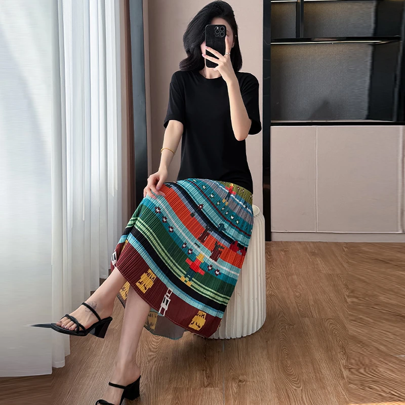 高级感宽松假两件时尚连衣裙夏季款遮肉显瘦大码民族风中长T恤裙