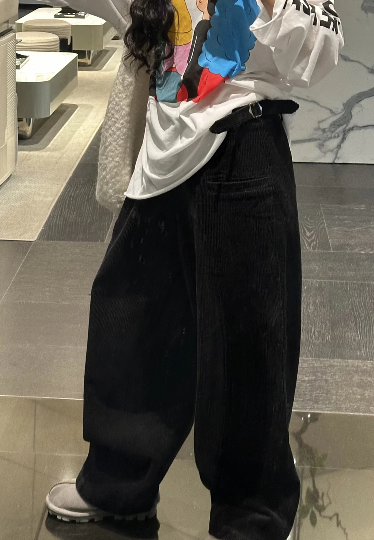 现货LULU BUNNY 腰头调节扣 韩代高腰灯芯绒工装休闲裤直筒阔腿裤