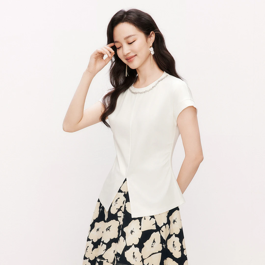 冬姐精选 珂莱蒂简约通勤圆领短袖针织毛衫女KM02953V1/KM02675W0