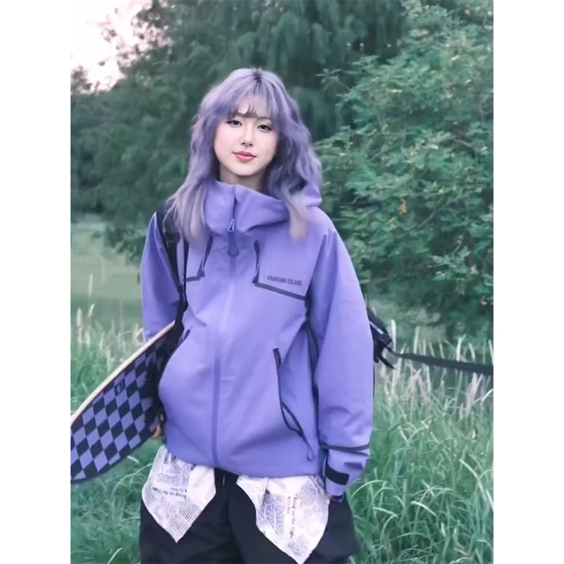 芙沿亮紫色冲锋衣款外套女2025年新款美式户外三合一可拆卸登山服