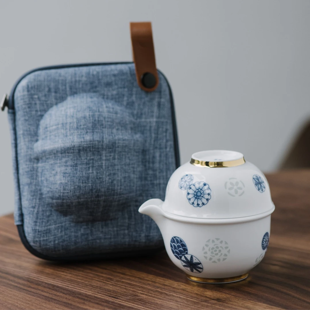 玉柏青花皮球花便携茶具一壶一杯