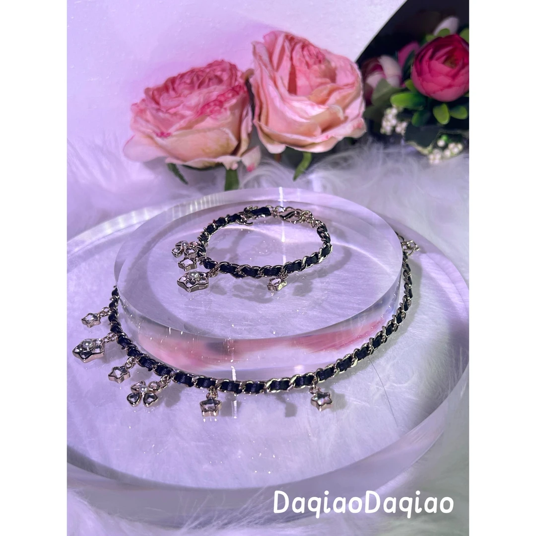 铜合金合成锆石项链 臭奶 简约星星穿皮项链套装 00O104