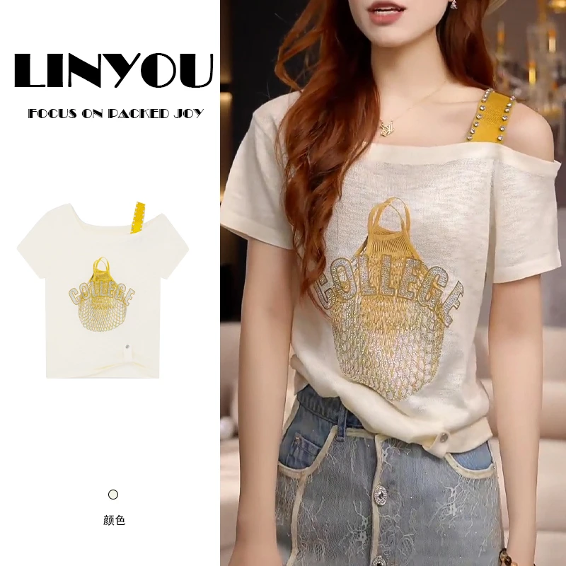 时髦夏日薄款烫钻手包印花显瘦露肩短袖针织衫女独特别致T恤上衣