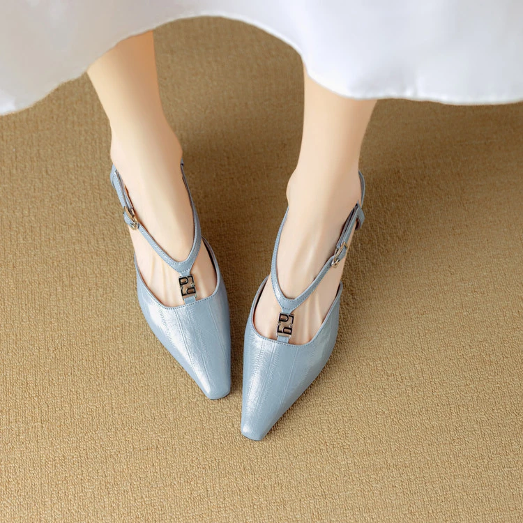 牛皮~5.5cm法式后空单鞋女夏新款真皮鳗鱼纹粗跟高跟鞋包头凉鞋女