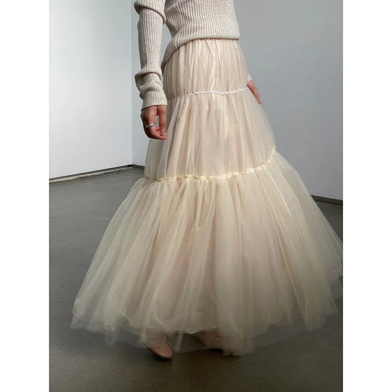 现货 新款2025秋季复古风高级感网纱半身裙女高腰A字中长款裙秋款