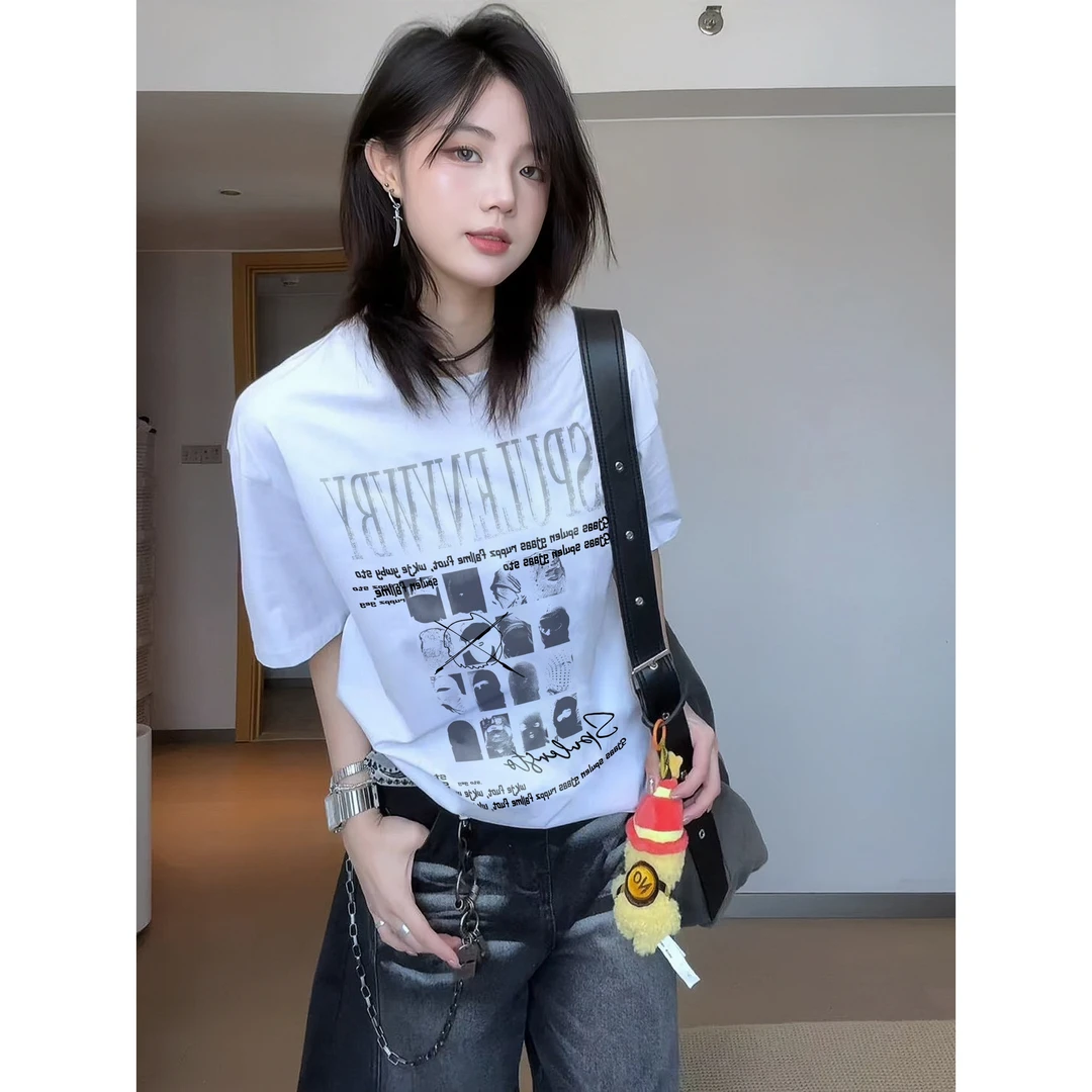 夏季新款女装重磅纯棉T恤短袖女宽松休闲百搭字母印花上衣女潮流