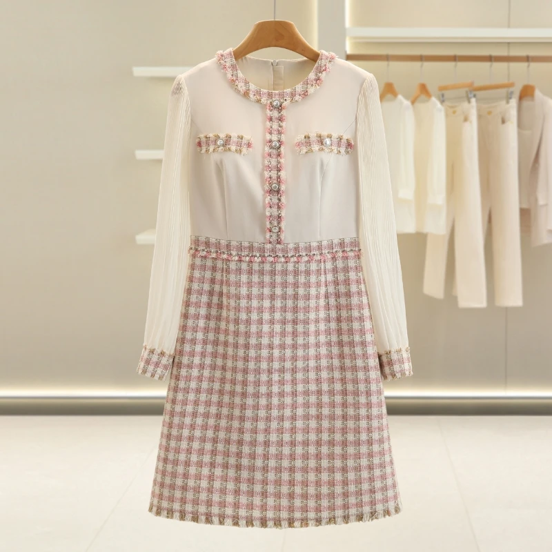 艾米上身款【拉】格纹圆领装饰扣连衣裙#1ZLD57L040