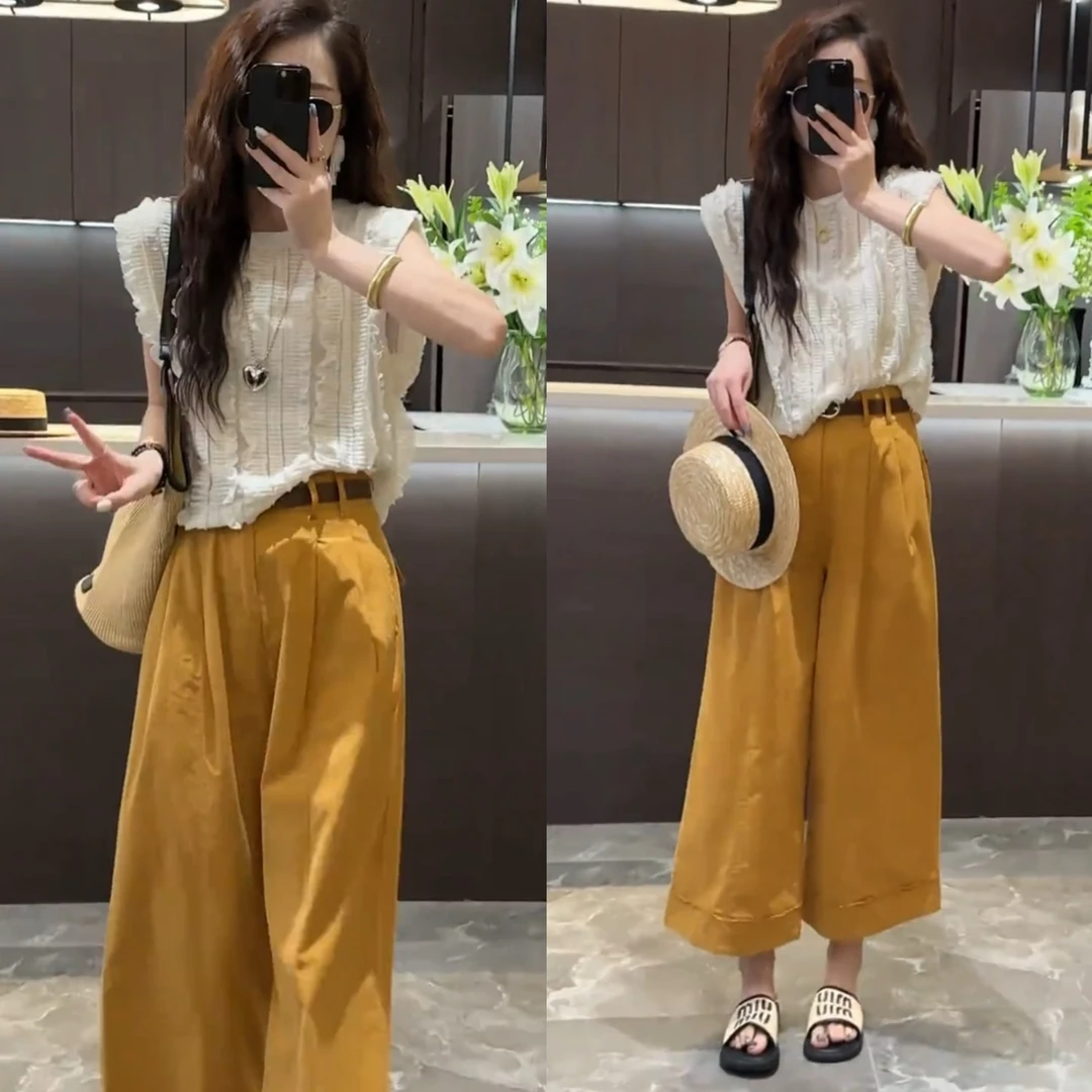 2025夏季新款小众设计款坎肩短袖上衣女高腰显瘦百搭阔腿九分裤女