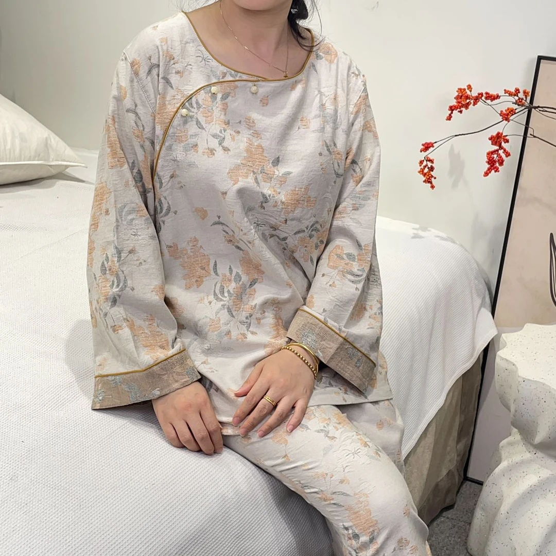 新中式女士麻棉提花复古睡衣春秋季长款可外穿家居服