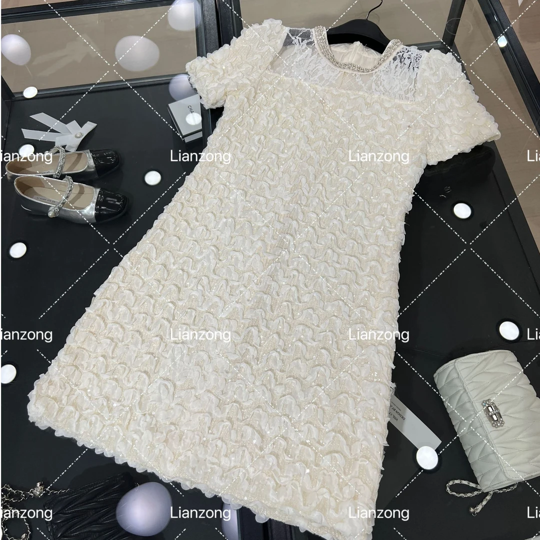 短袖夏季套头中长裙法式连衣裙泡泡袖小香风设计师拼接蕾丝