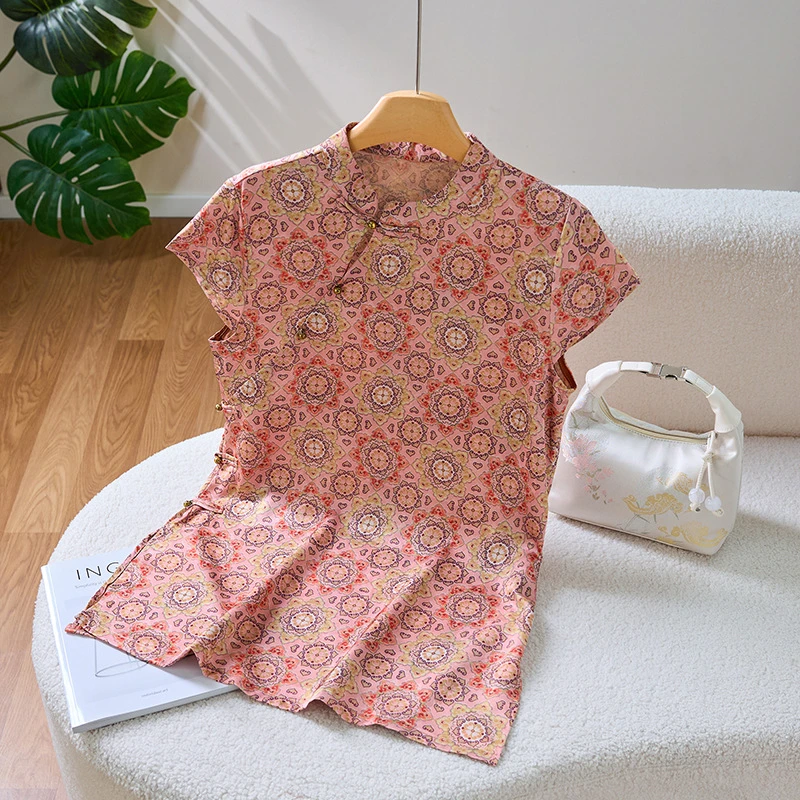 新中式国风中长款上衣女夏装斜襟盘扣立领气质短袖T恤