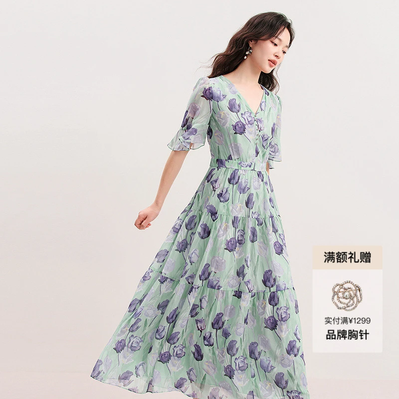 【商场同款】欧若风珂莱蒂尔碎花显瘦气质时尚夏季复古法式连衣裙