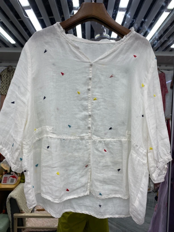 夏季女士文艺小清新苎麻V领短袖刺绣套头衬衫