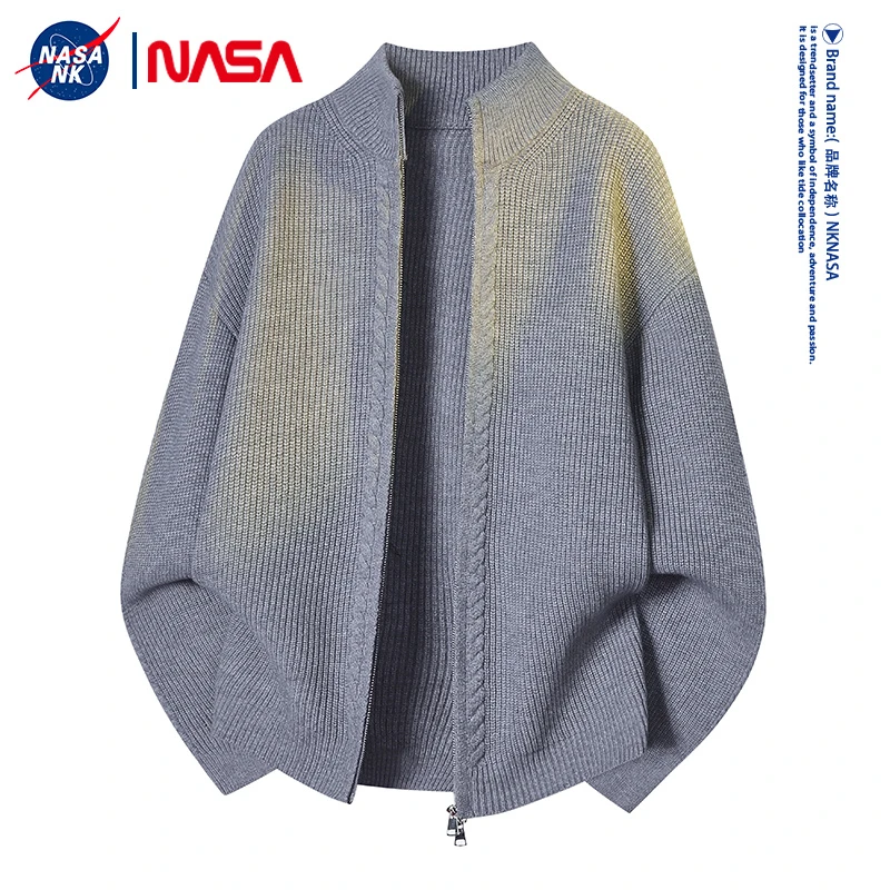 NASA联名灰色拉链开始毛衣外套男款秋冬季宽松慵懒风立领针织线衣