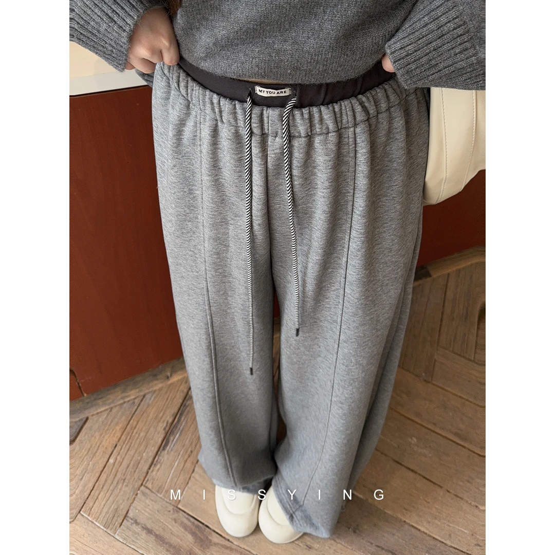 应小姐【浮游都市】微胖大码显瘦加绒宽松直筒高腰假两件休闲长裤