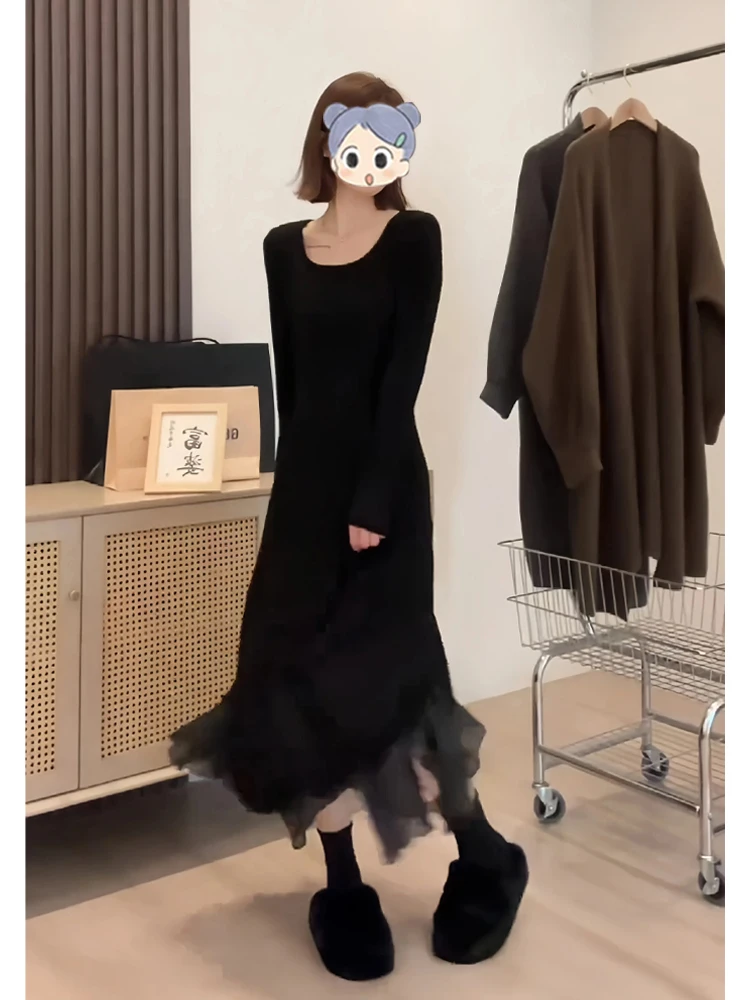 大码高级感黑色连衣裙女2025秋季新款胖MM内搭打底鱼尾显瘦长裙