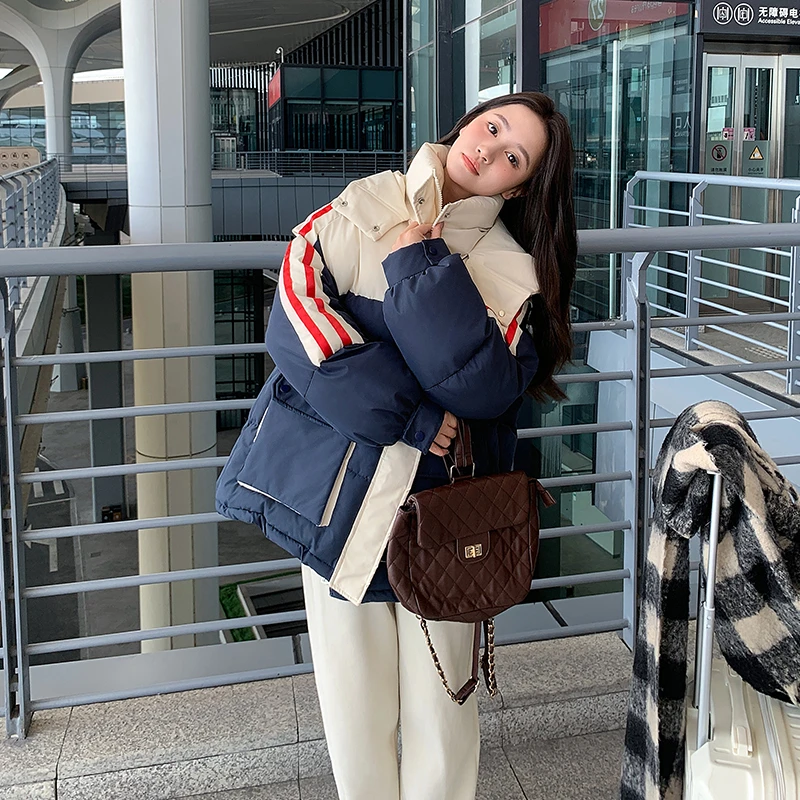 港风拼接撞色设计感加厚保暖连帽小个子棉服外套女宽松大码面包服