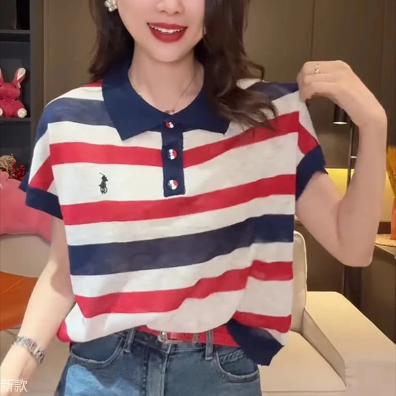 韩系复古翻领半纽扣条纹T恤女2025夏季新款洋气宽松薄款短袖上衣