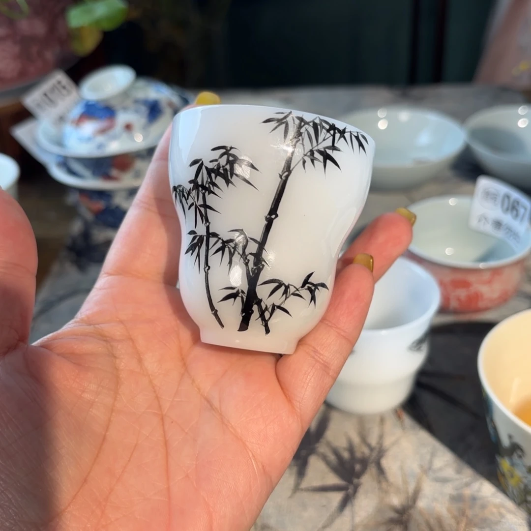 瓷孤品福利青花手绘高冰竹子葫芦杯