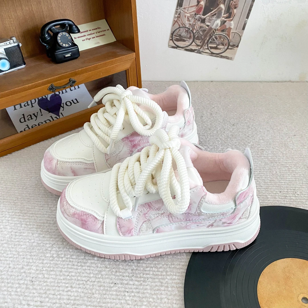 B1627 加绒厚底板鞋女鞋小白鞋面包鞋2024新款新中式小众保暖棉鞋