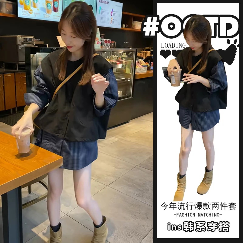 高级感独特马甲衬衫假两件外套黑色阔腿短裤港味别致百搭两件套潮